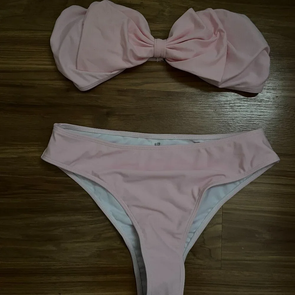 NWOT SHEIN bow light pink bikini L